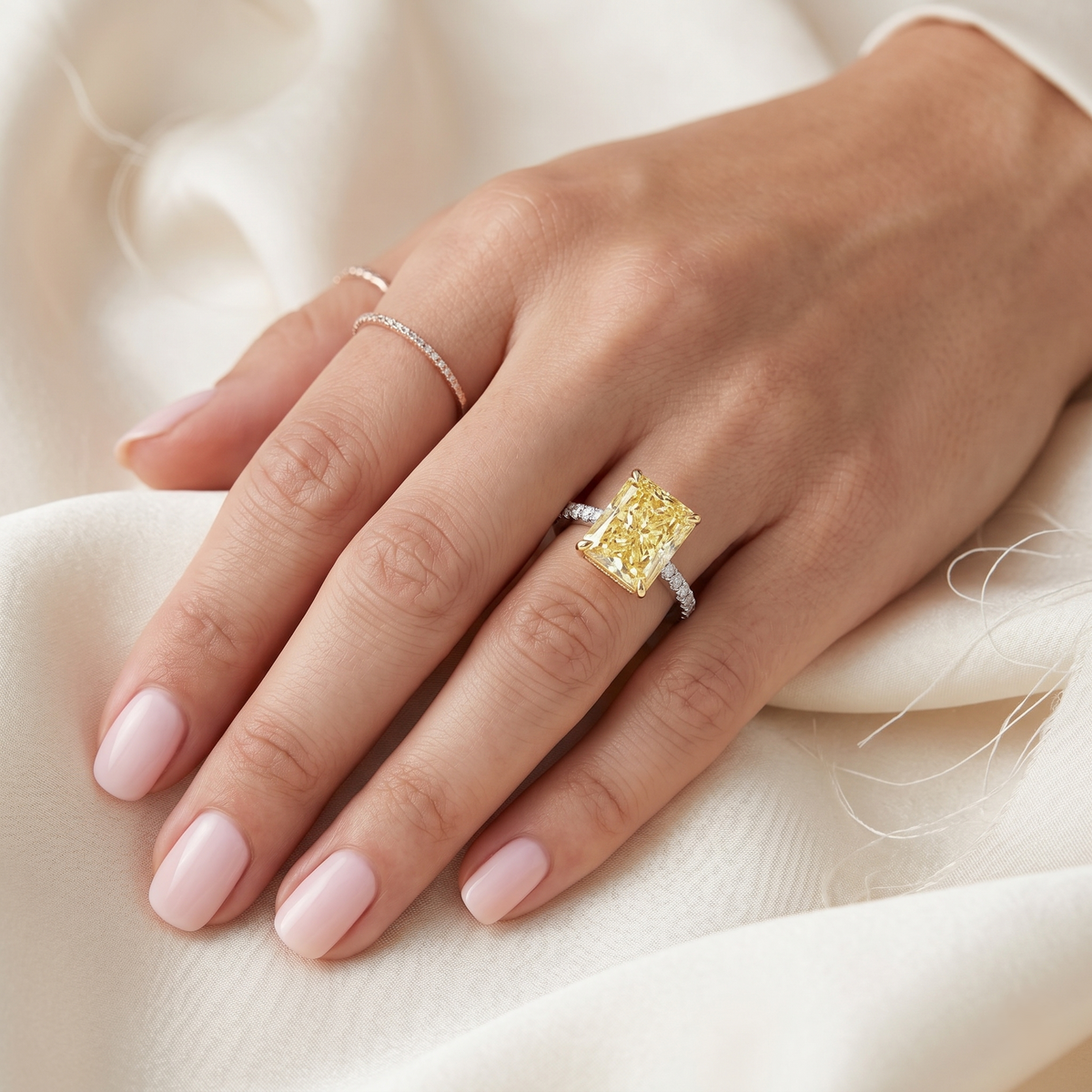 Elongated hidden halo yellow radiant on finger