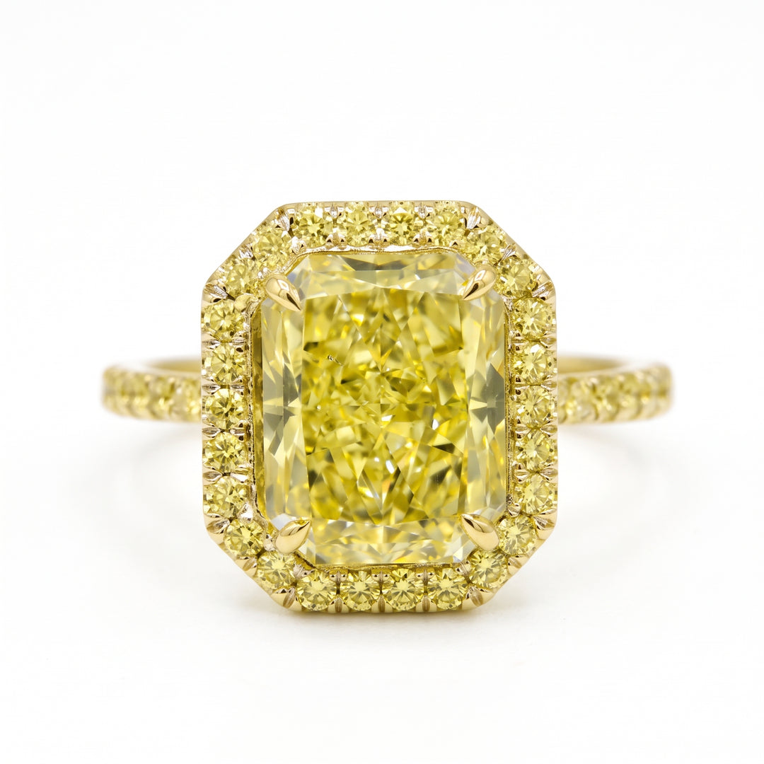 2.65 Ctw Fancy Light Yellow Radiant Cut Halo Yellow Pave Ring VS2 GIA
