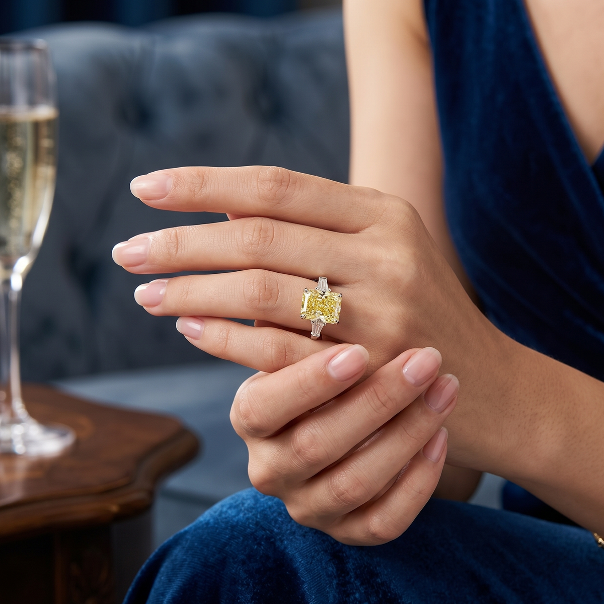 Yellow radiant & baguette 3 stone ring on a model hand