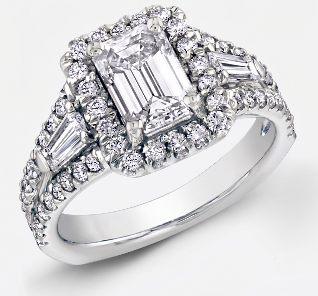 3.10 Ct. Halo Emerald & Baguettes Engagement Ring D Color VS1 GIA Certified