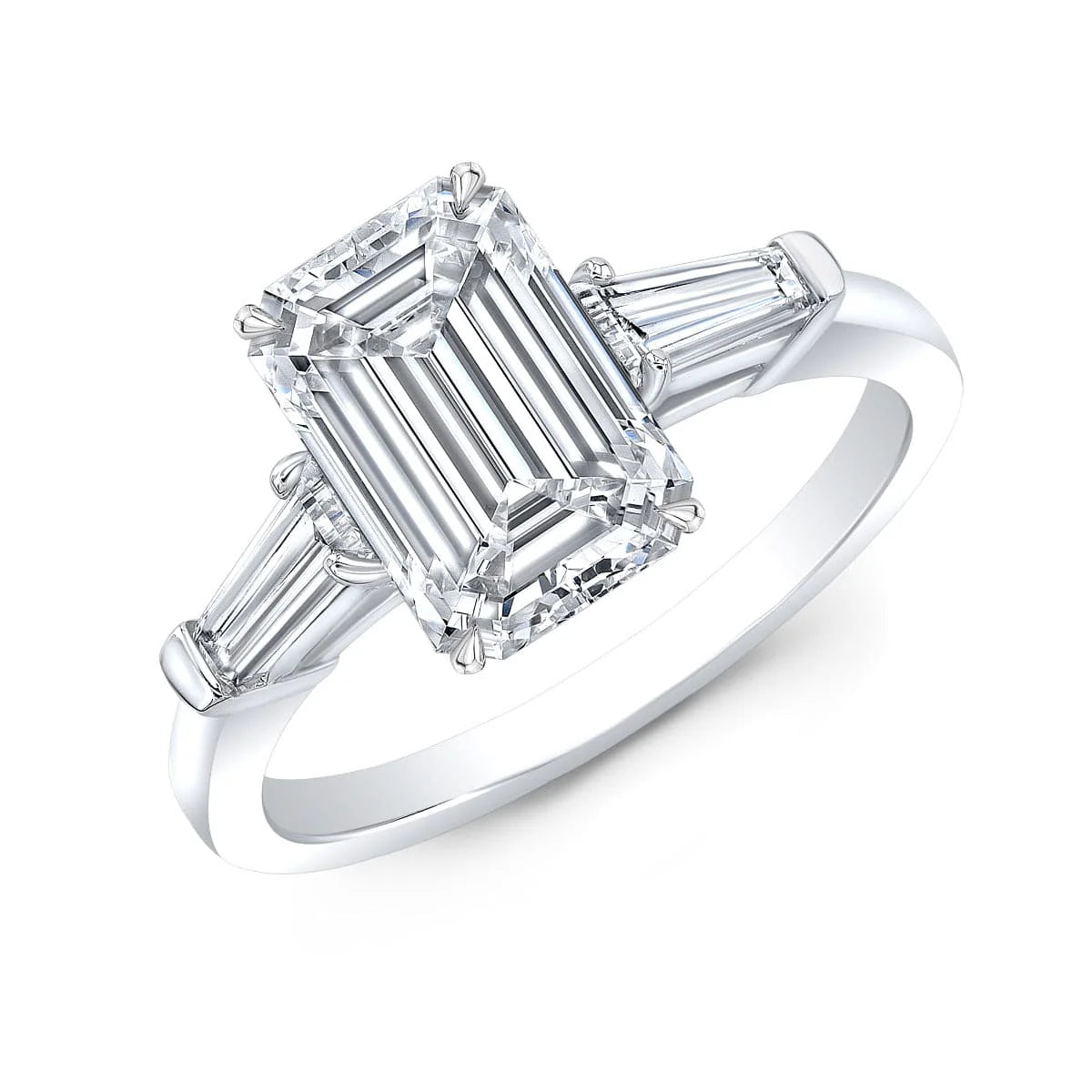 Emerald cut with tapered baguette 3 stone diamond ring in white gold