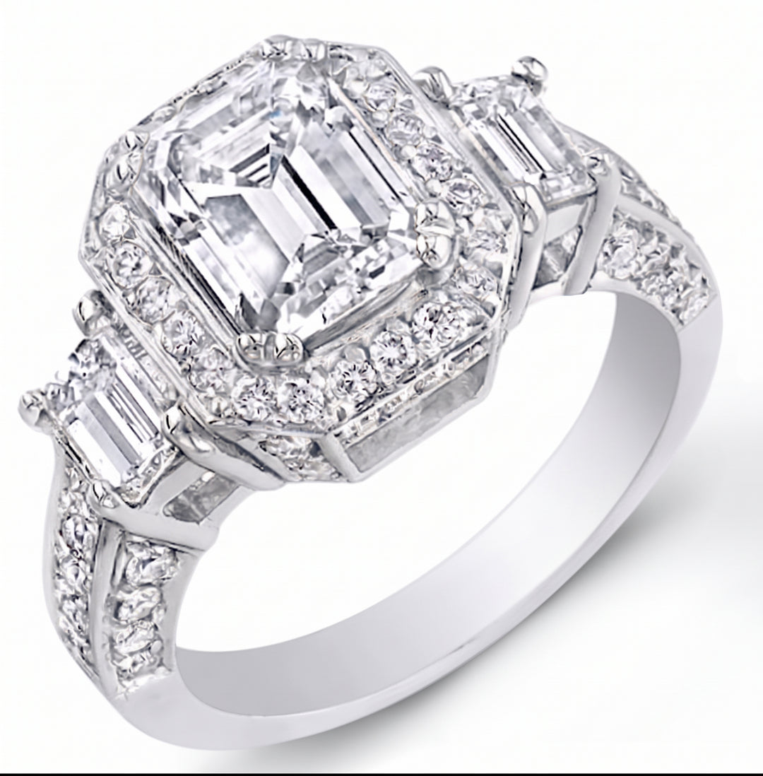 2.95 Ct. Emerald Cut 3 Stone Halo Diamond Ring G Color VS1 GIA certified