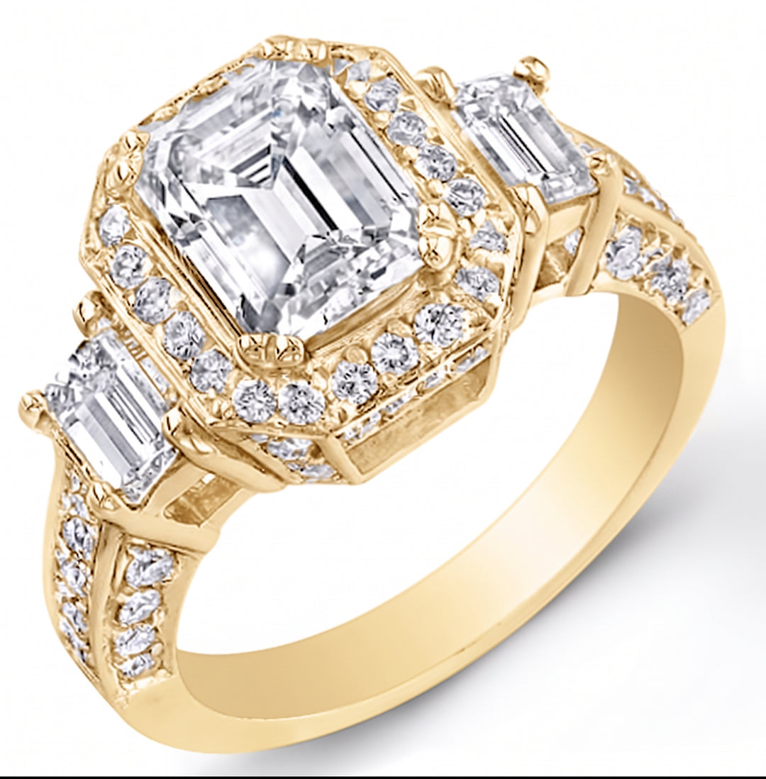 2.95 Ct. Emerald Cut 3 Stone Halo Diamond Ring G Color VS1 GIA certified