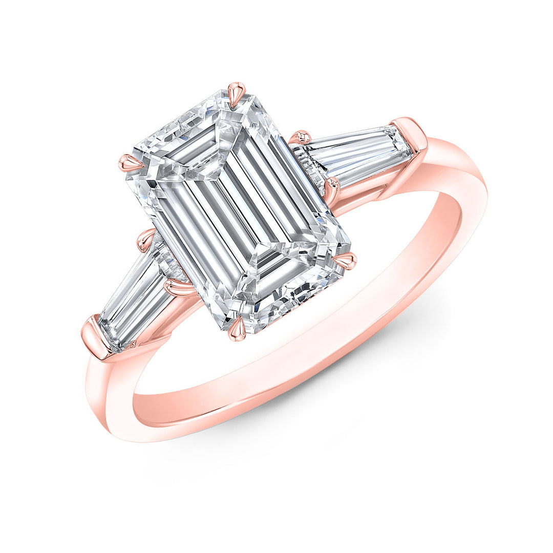 Emerald cut with Tapered Baguette 3-stone diamond ring in rose gold