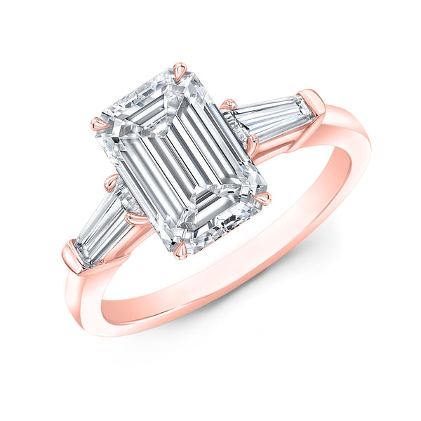 Emerald cut with Tapered Baguette 3-stone diamond ring in rose gold