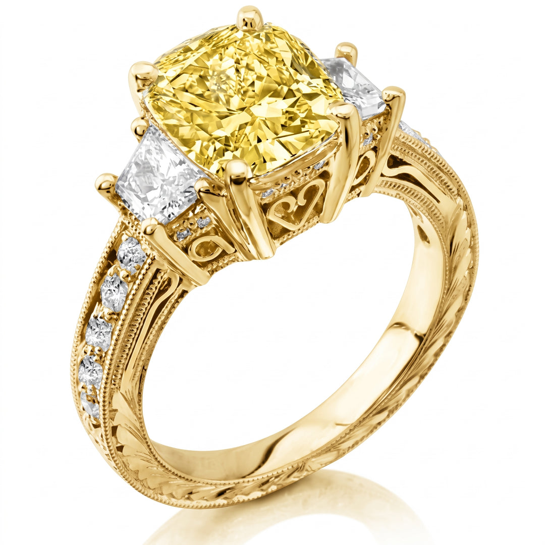 Lab Grown Yellow Cushion Cut Diamond Art-Deco Engagement Ring VVS2 IGI Certified