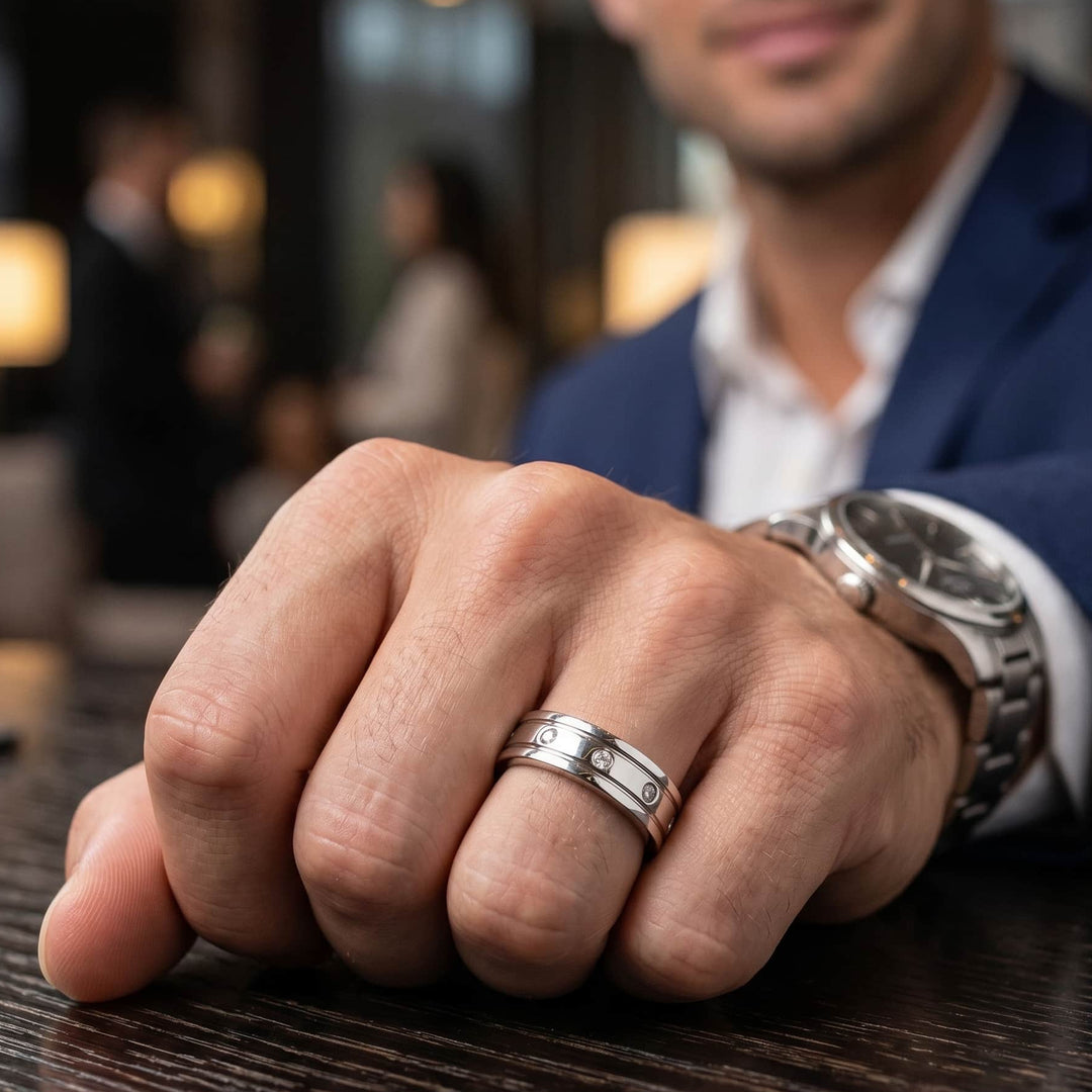 eternity men's diamond ring on a model finger