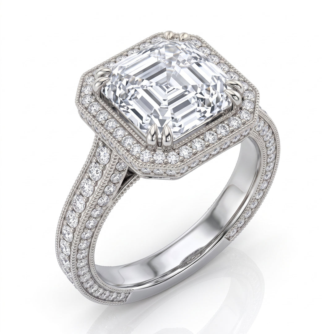 Asscher Cut Pave Halo Engagement Ring white gold
