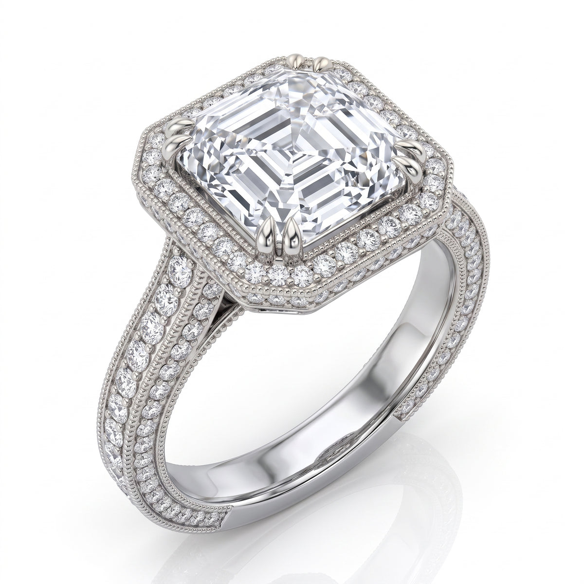 Asscher cut pave halo engagement ring white gold
