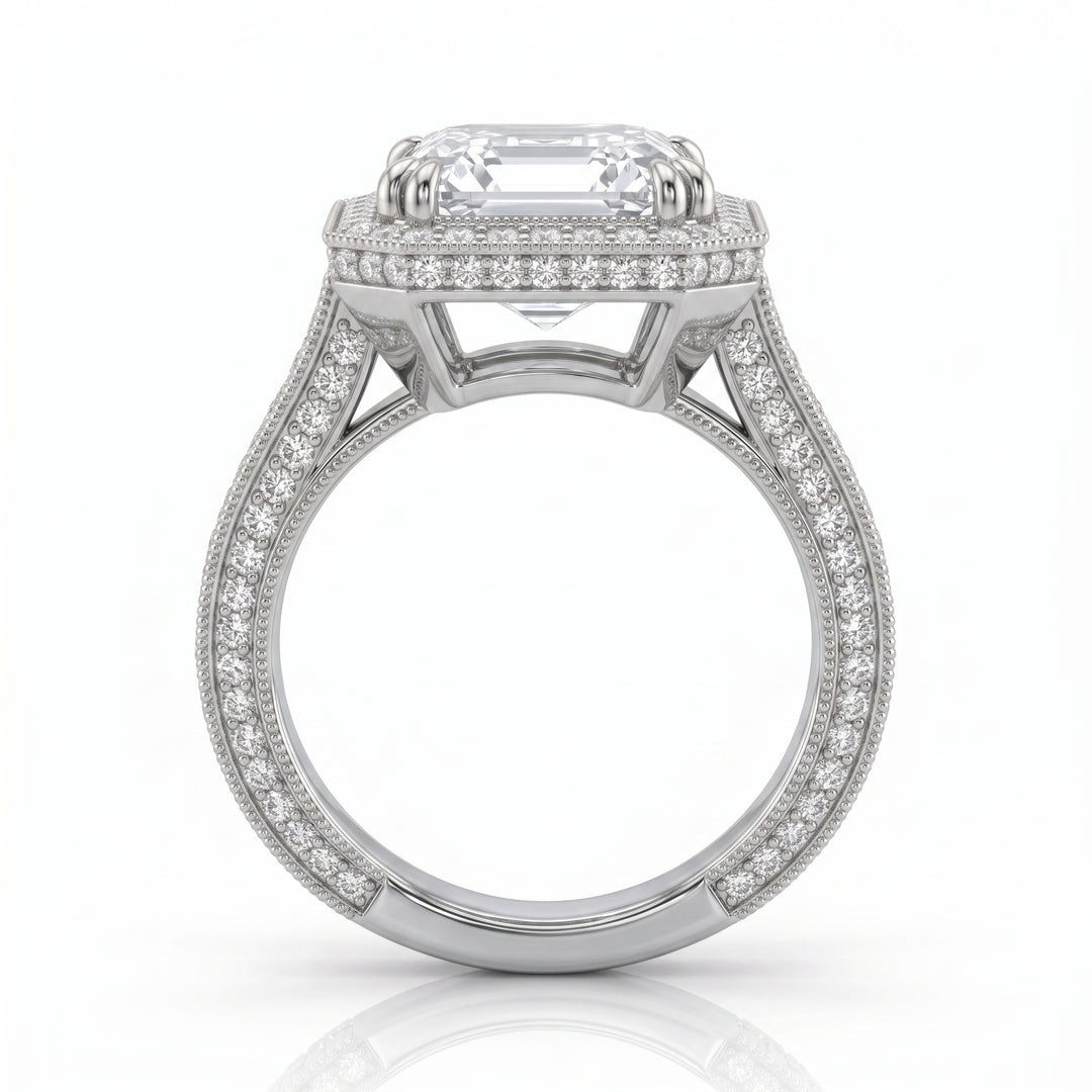 Asscher Cut Pave Halo Engagement Ring White gold Side View
