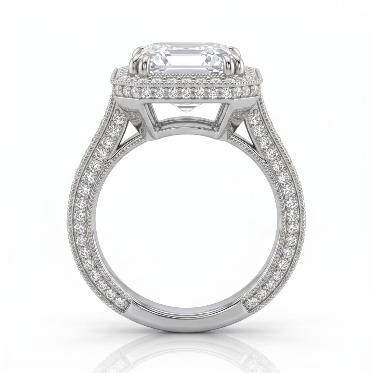 Asscher cut pave halo engagement ring white gold side view
