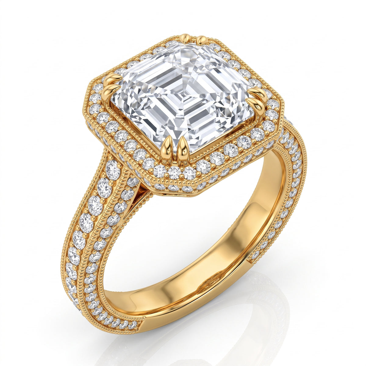 Asscher cut pave halo engagement ring yellow gold
