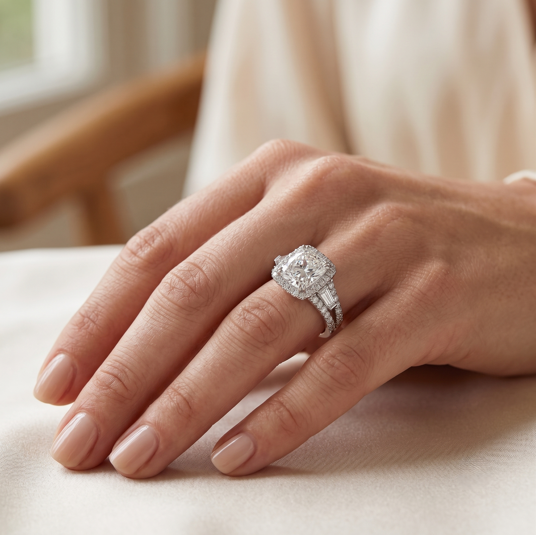 halo cushion with French pave and baguette on a model's finger