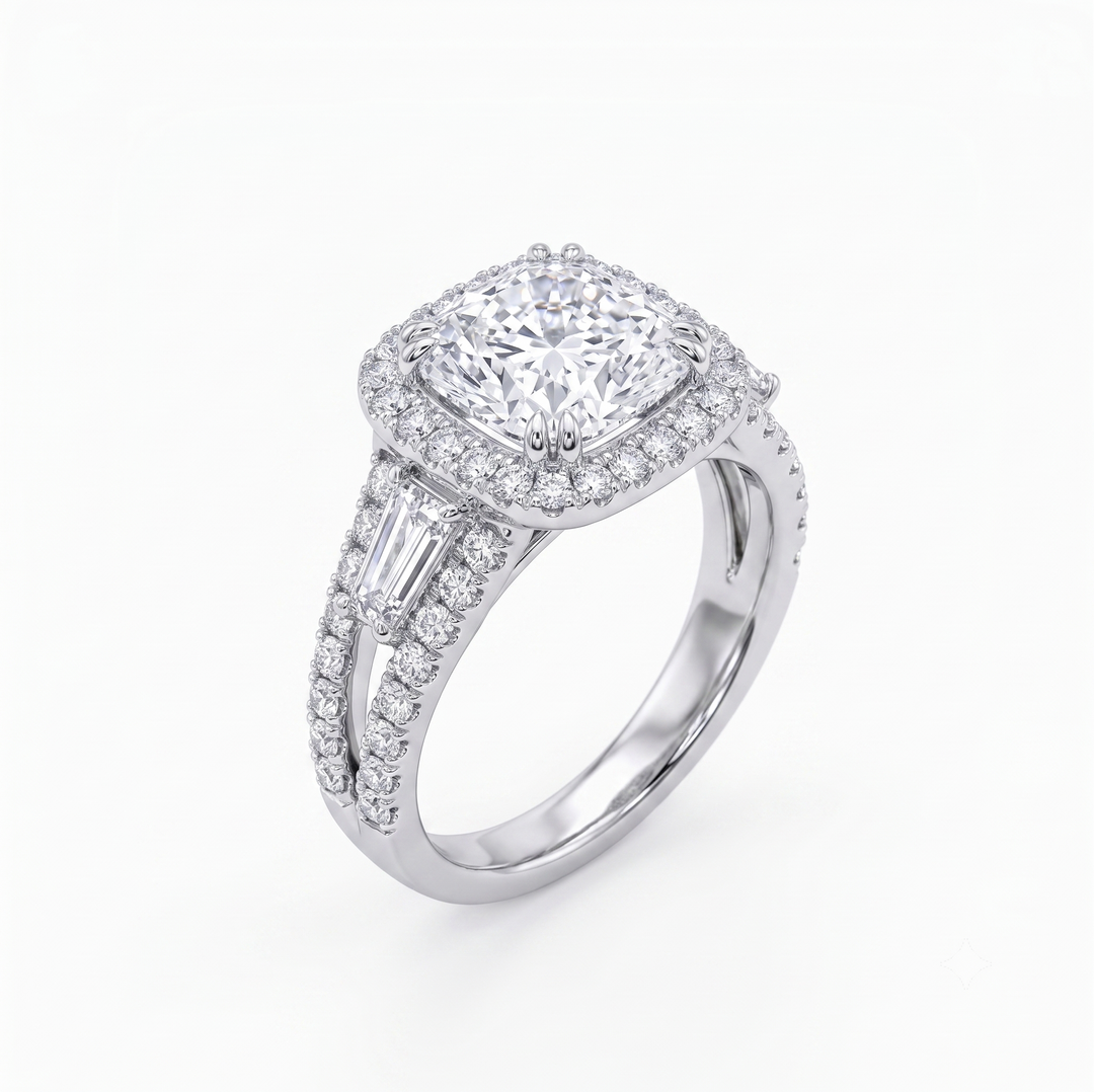3.20 Ctw Halo Cushion Cut French Pave Diamond Ring H Color VVS2 GIA Certified