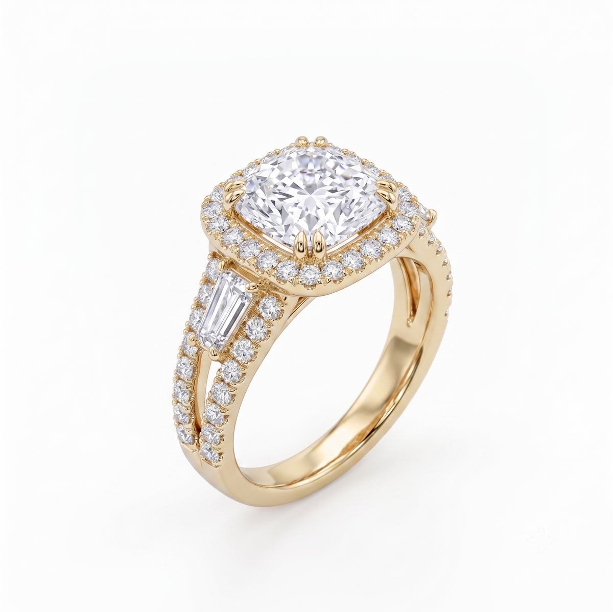 Halo_cushion_with_french_pave_and_baguette_yellow_gold