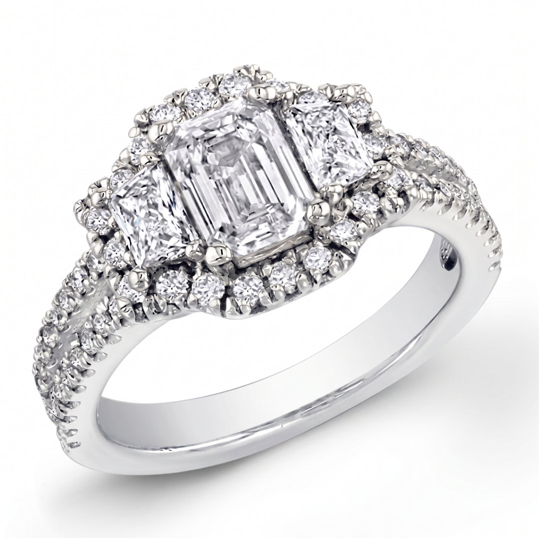 2.20 Ct. Halo Split Shank Emerald Cut Engagement Ring F Color VVS2 GIA Certified