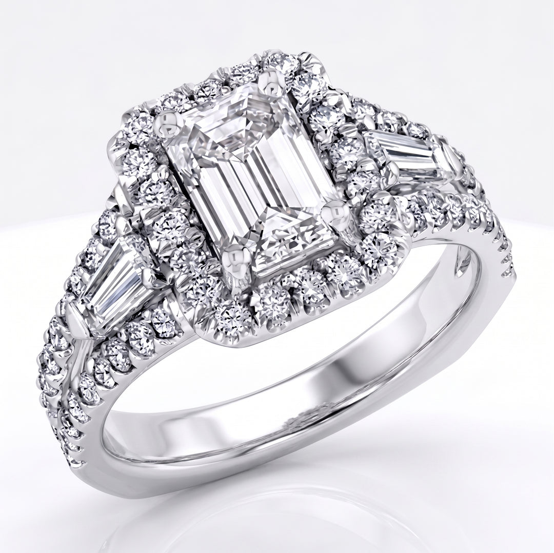 1.90 Ct. Halo Emerald Cut & Baguettes Diamond Ring E Color VS1 GIA Certified