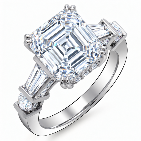 Diamond ring with a prominent central gemstone and smaller stones on a white background