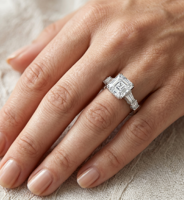 3.80 Ct. Hidden Halo Asscher Cut Diamond Ring with Baguettes H Color VS1 GIA Certified