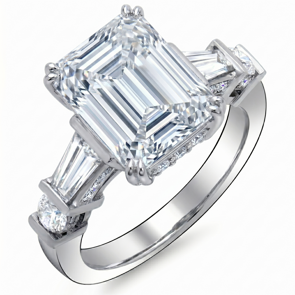 Emerald cut & baguettes diamond ring hidden halo