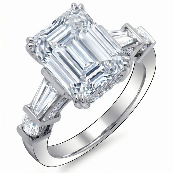 Emerald Cut & Baguettes Diamond Ring Hidden Halo