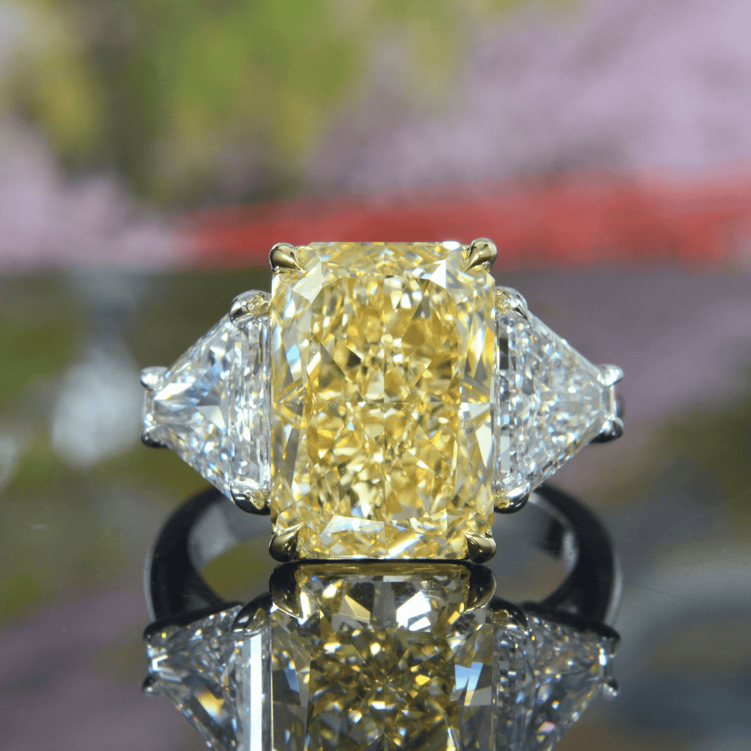 7.80 Ctw Canary Fancy Yellow Elongated Radiant with Trillions 3-Stone Ring VS1 GIA