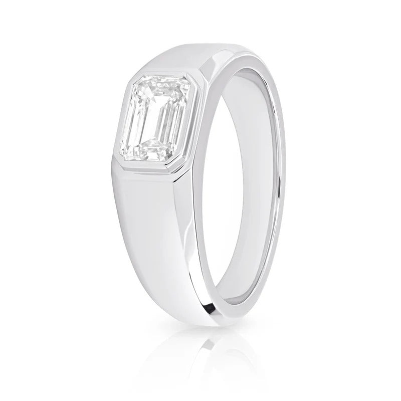 Emerald cut solitaire bezel set diamond men's band East-West orientation  in white gold