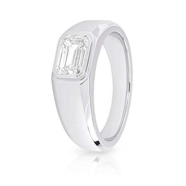 Lab Grown East-West Men's Emerald Cut Diamond Bezel Ring IGI Certified