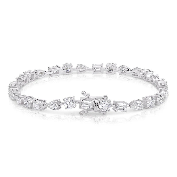 Mixed Shape Emerald, Pear and Round Diamond Tennis Bracelet in white gold showing lock