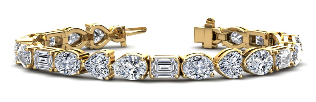 Mixed Shape emerald cut, Oval, Heart and Pear Lab grown diamond tennis bracelet in yellow gold