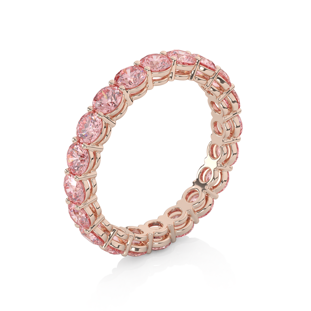 Fancy Intense Pink Round Cut Diamond Eternity Band in rose gold