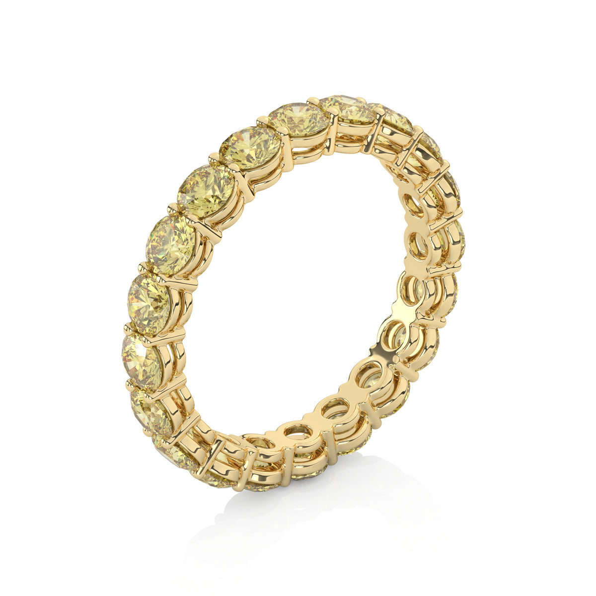 Fancy intense yellow round cut eternity band in yellow gold