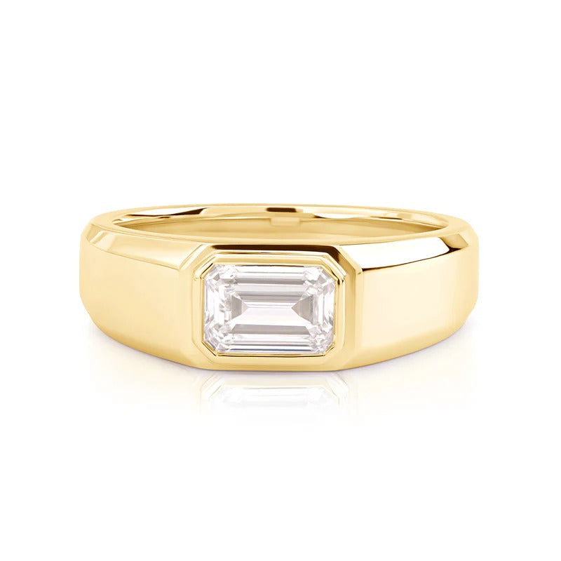 Emerald cut solitaire bezel set diamond men's band east west orientation  in yellow gold