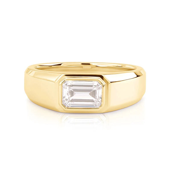 Emerald cut solitaire bezel set diamond men's band East-West orientation  in yellow gold