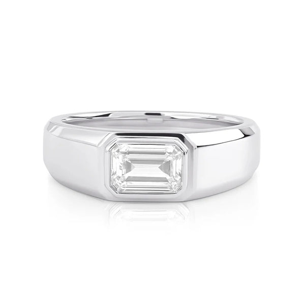 Emerald cut solitaire bezel set diamond men's band East-West orientation in white gold
