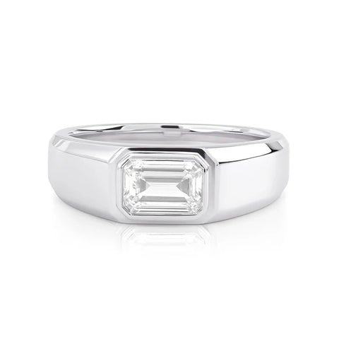 Lab Grown East-West Men's Emerald Cut Diamond Bezel Ring IGI Certified