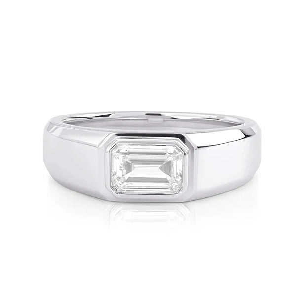 Lab Grown East-West Men's Emerald Cut Diamond Bezel Ring IGI Certified