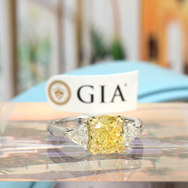 2.60 Ctw Canary Fancy Yellow Cushion & Trillion Cut Diamond Ring Flawless GIA