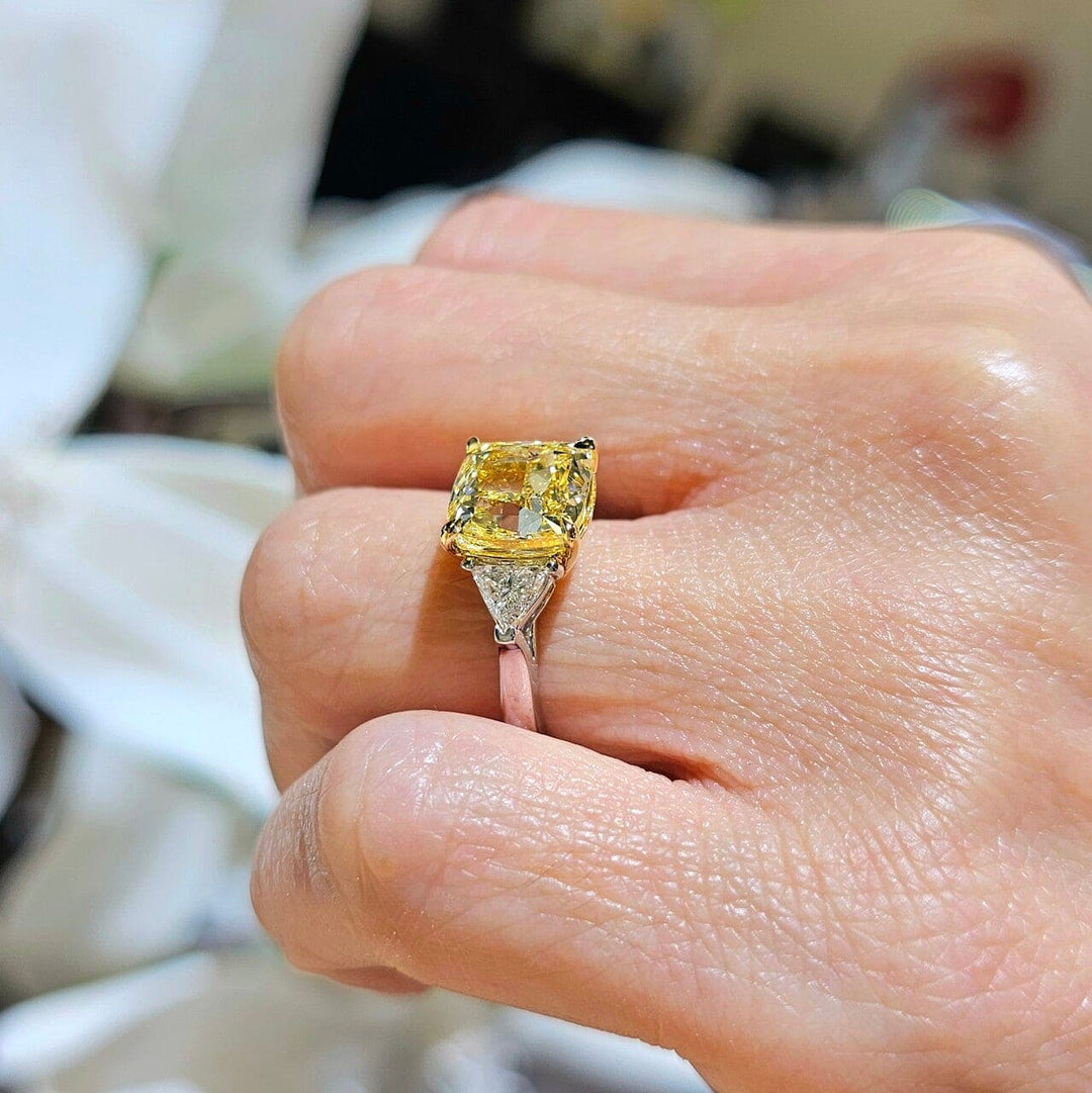 3.70 Ctw Canary Fancy Yellow Cushion & Trillion Cut Diamond Ring VS2 GIA Certified