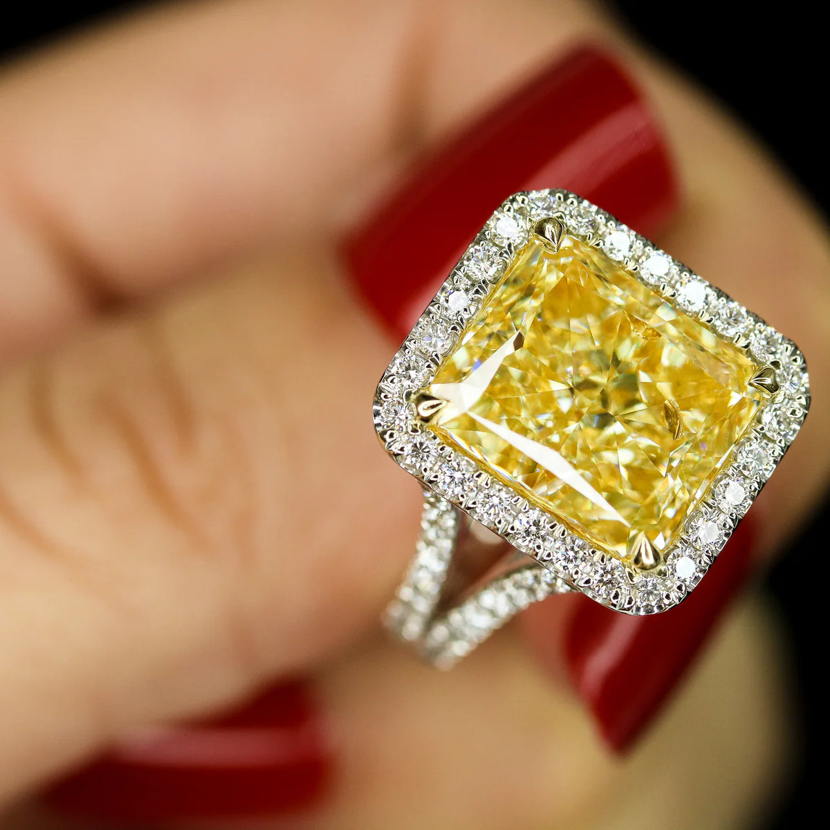 Lab grown elongated radiant cut yellow diamond halo split shank ring vvs2 igi certified