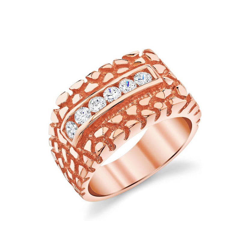 Men's Nugget Channel 6 Stone Round Cut Diamond Ring 12mm in rose gold