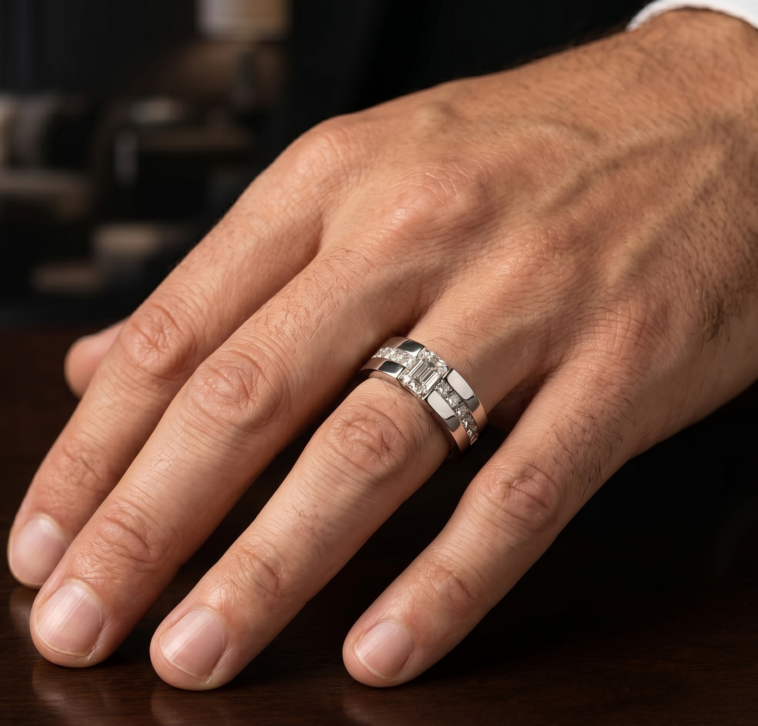 Men's Emerald Cut Diamond Ring Tension Setting 