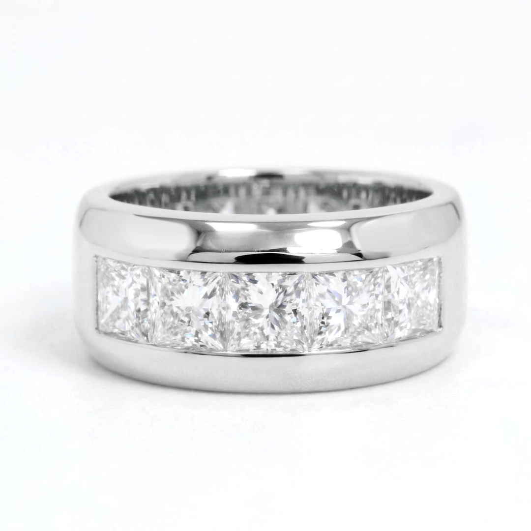 Men's Princess Cut Channel Set 5-Stone Ring 10mm width in white gold