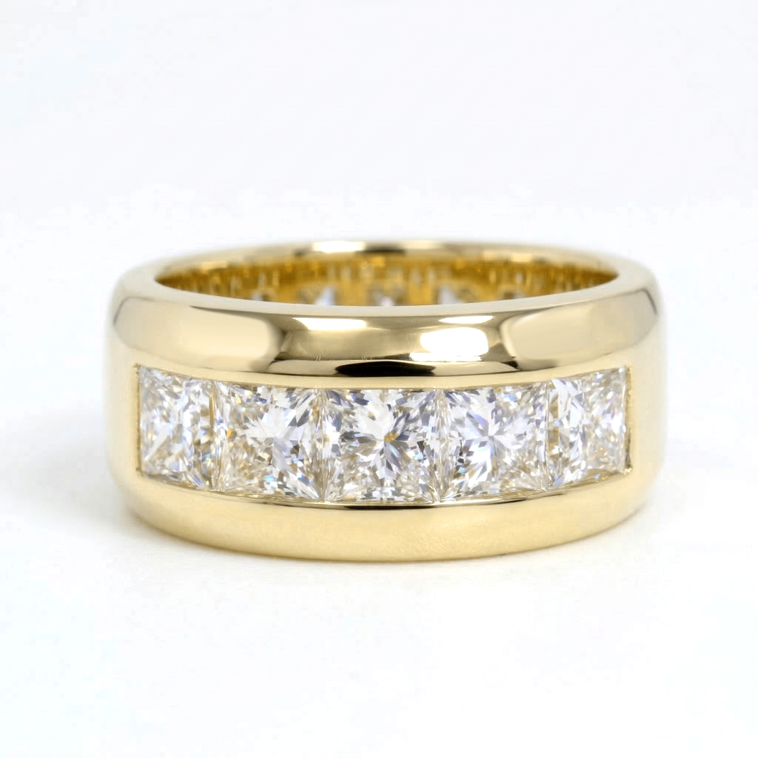 Men's Princess Cut Channel Set 5-Stone Ring 10mm width in yellow gold