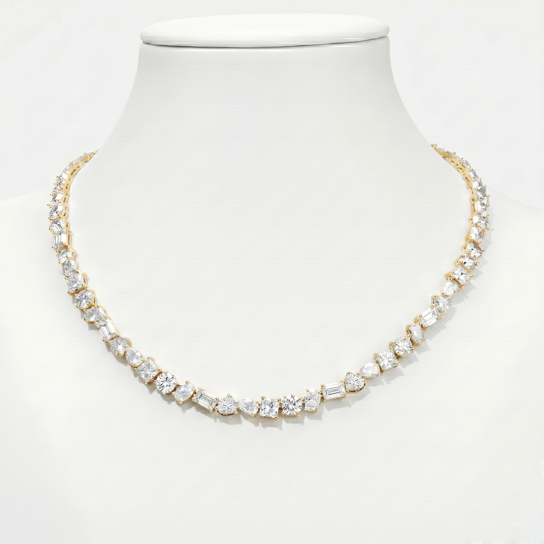 mix shape tennis necklace round oval emerald heart pear princess cutyellow gold