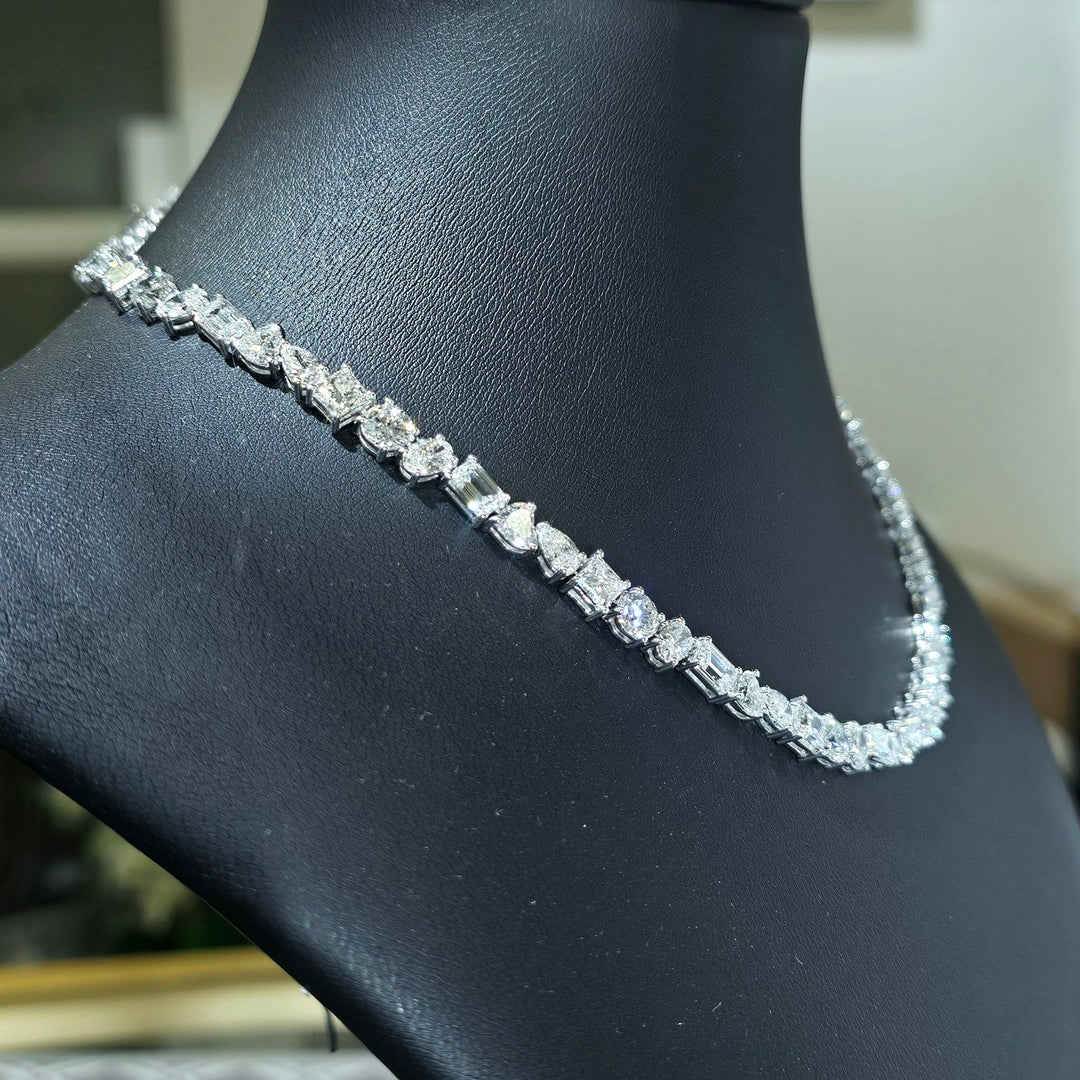 mix shape tennis necklace round oval emerald heart pear princess cut side view