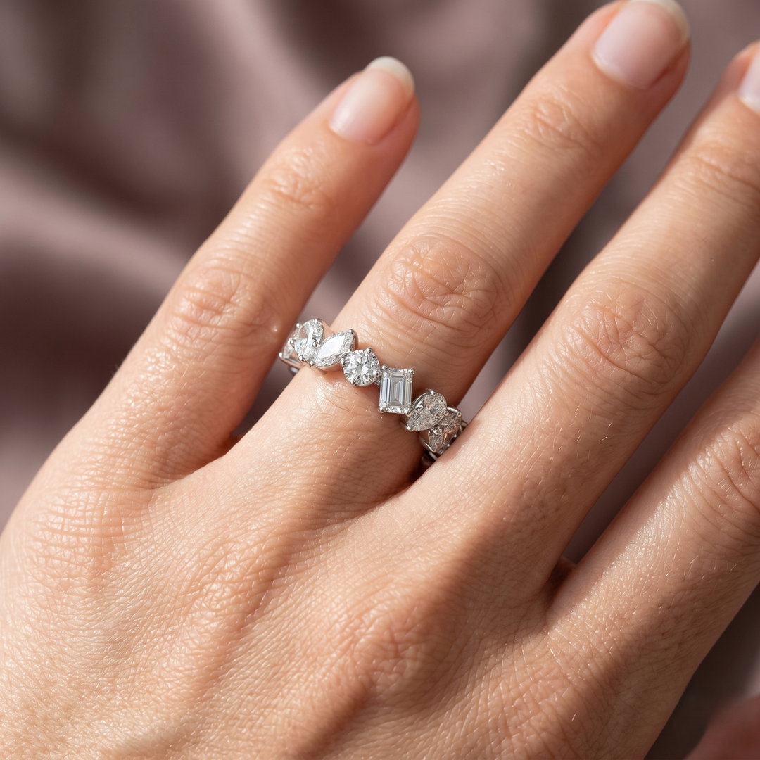 mixed shape eternity on model hand

