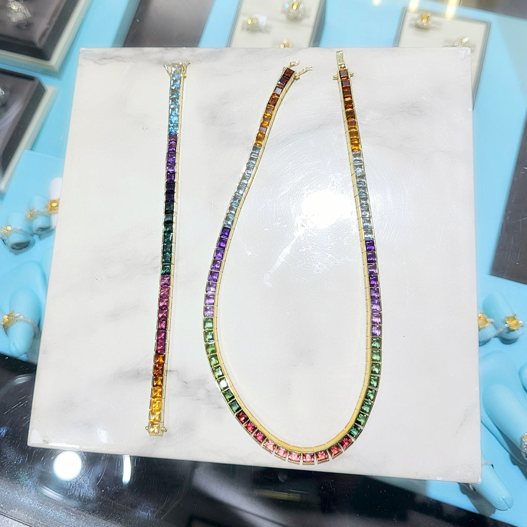 Multicolor Sapphire Tennis Rainbow Gold Necklace