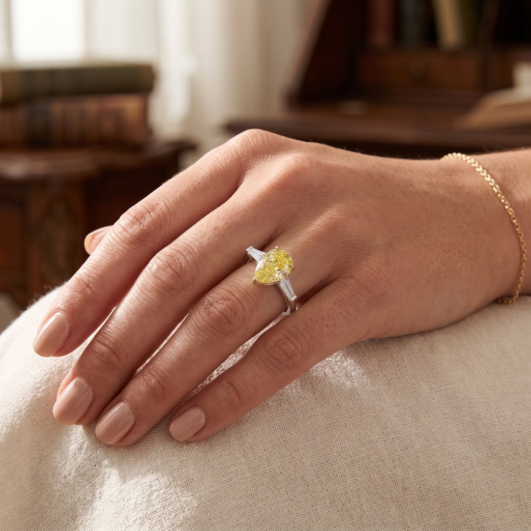 Lab Grown Yellow Pear Cut & Baguette Diamond Ring VVS2 IGI Certified