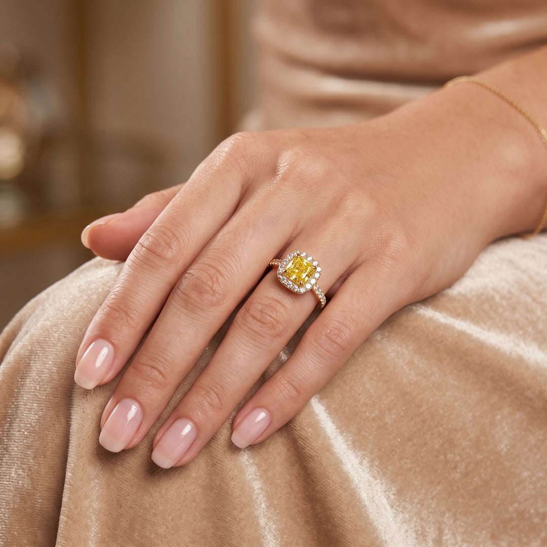 3.20 Ctw Halo Canary Fancy Light Yellow Cushion Pave Ring VS1 GIA